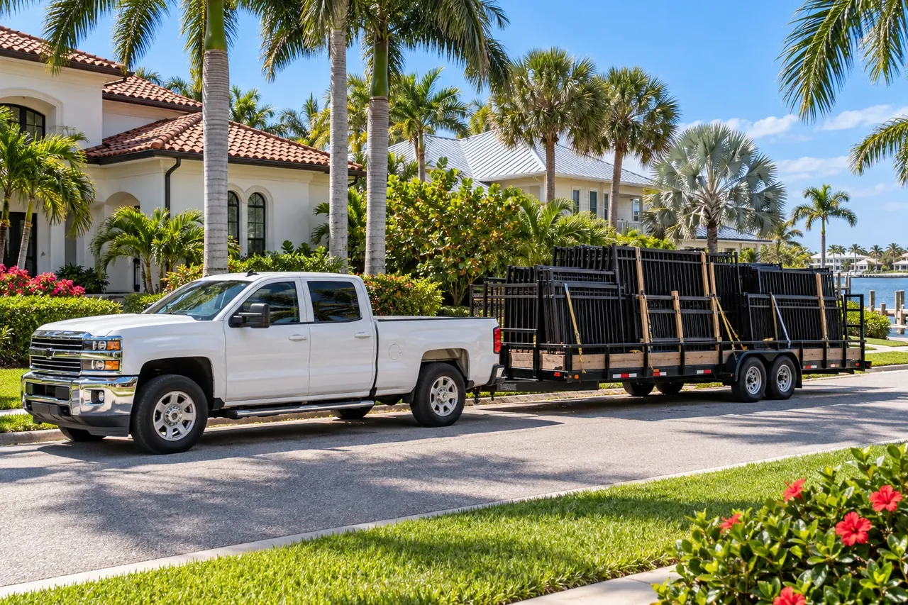 Work truck with aluminum fence sections in a Sarasota neighborhood