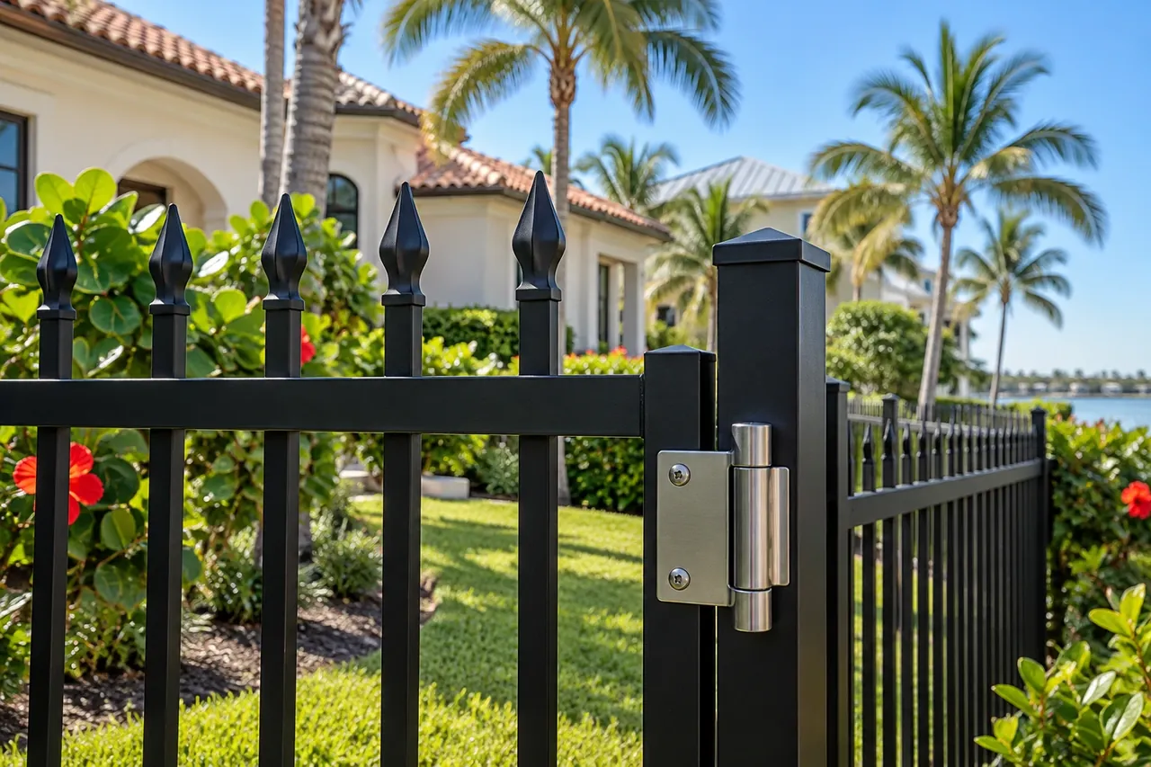 Black aluminum fence with stainless hinge near the Sarasota coast