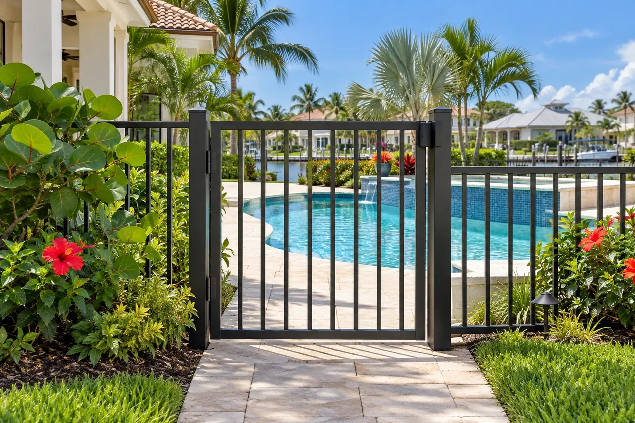Magnetic self-latching pool gate latch on an aluminum fence