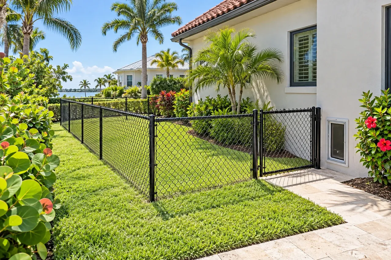 Black chain link fence enclosing a side yard for a dog