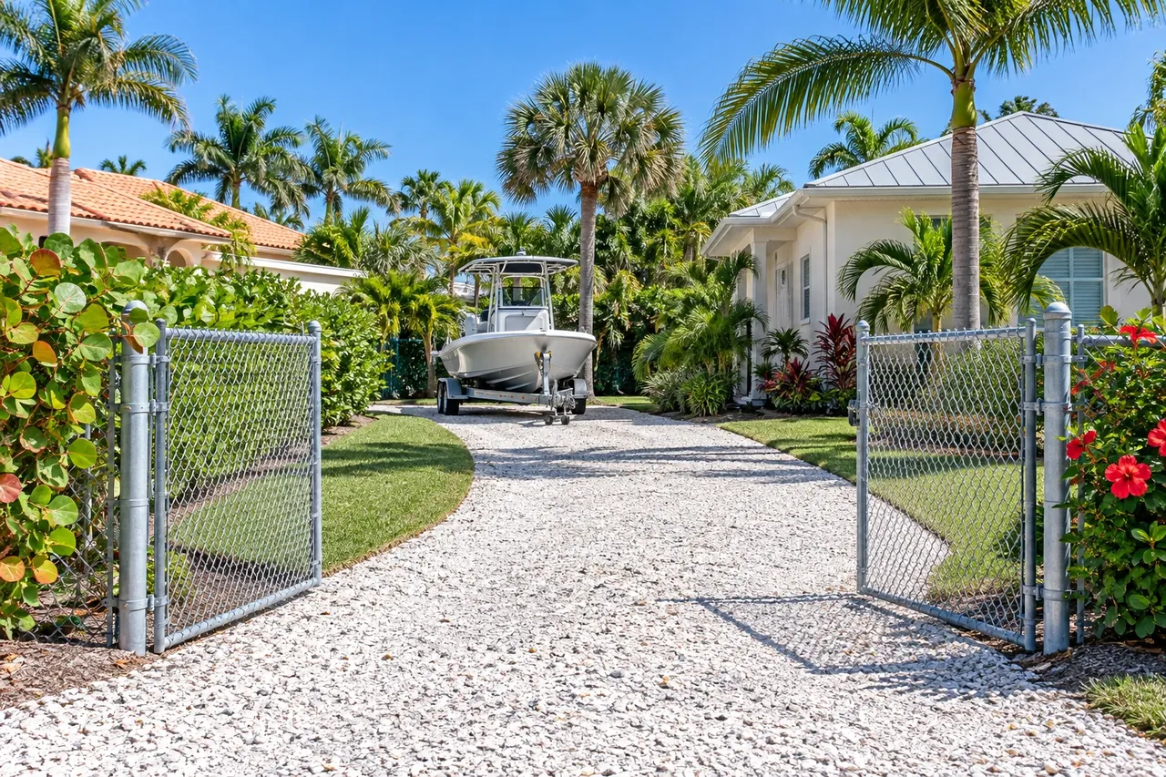 Chain link double drive gate on a shell driveway