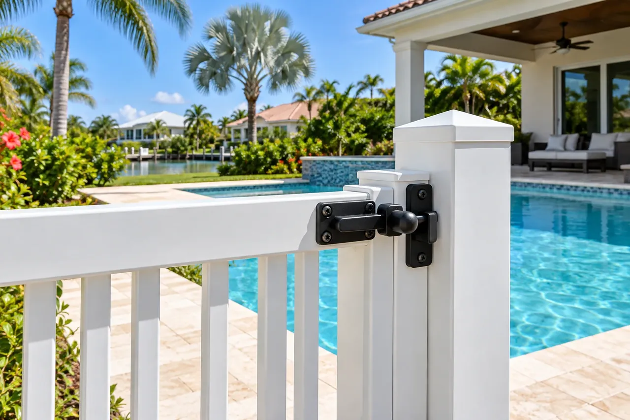 Self-latching pool gate latch on a vinyl pool fence