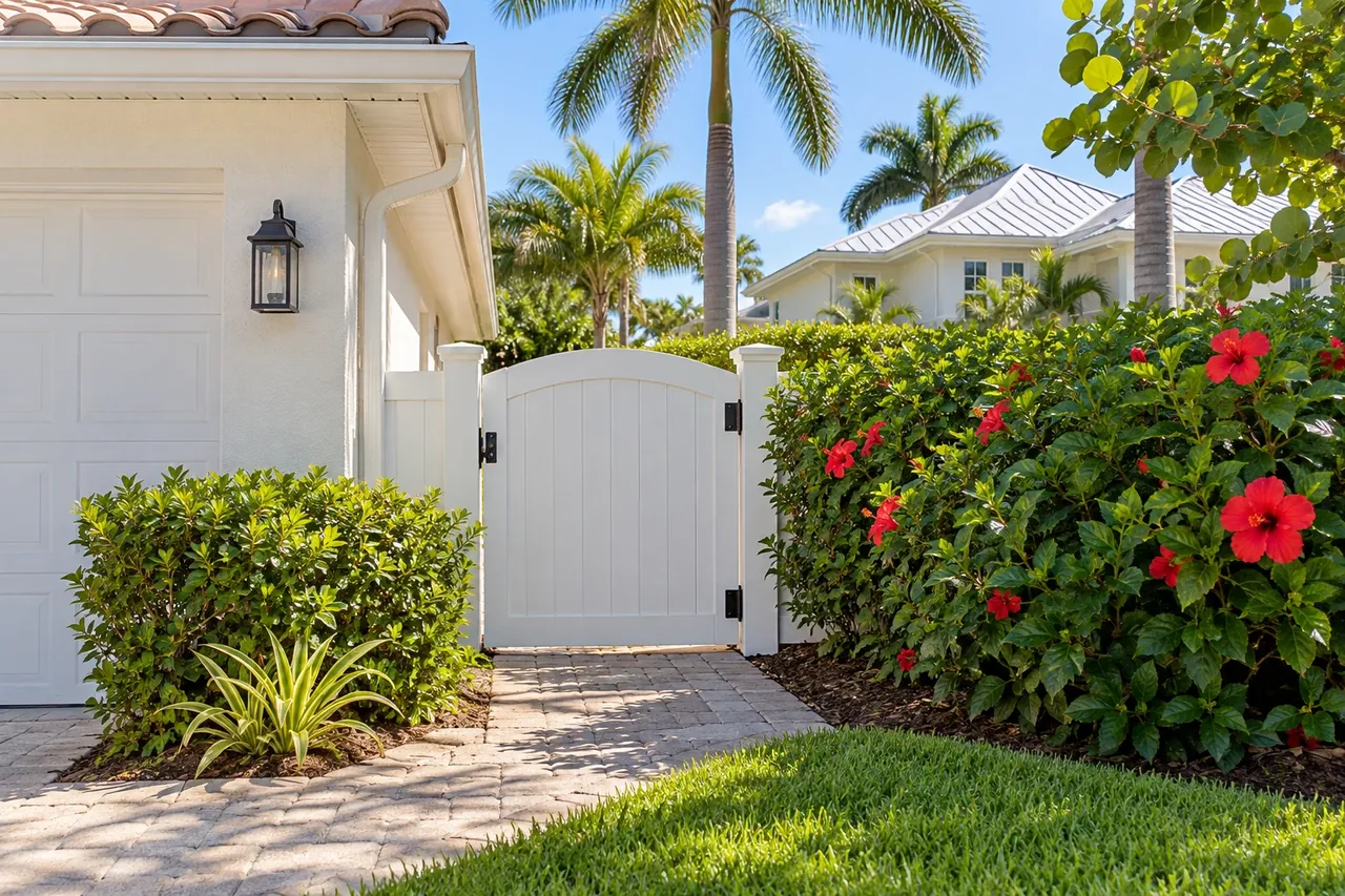 Arched white vinyl walk gate at a Sarasota home