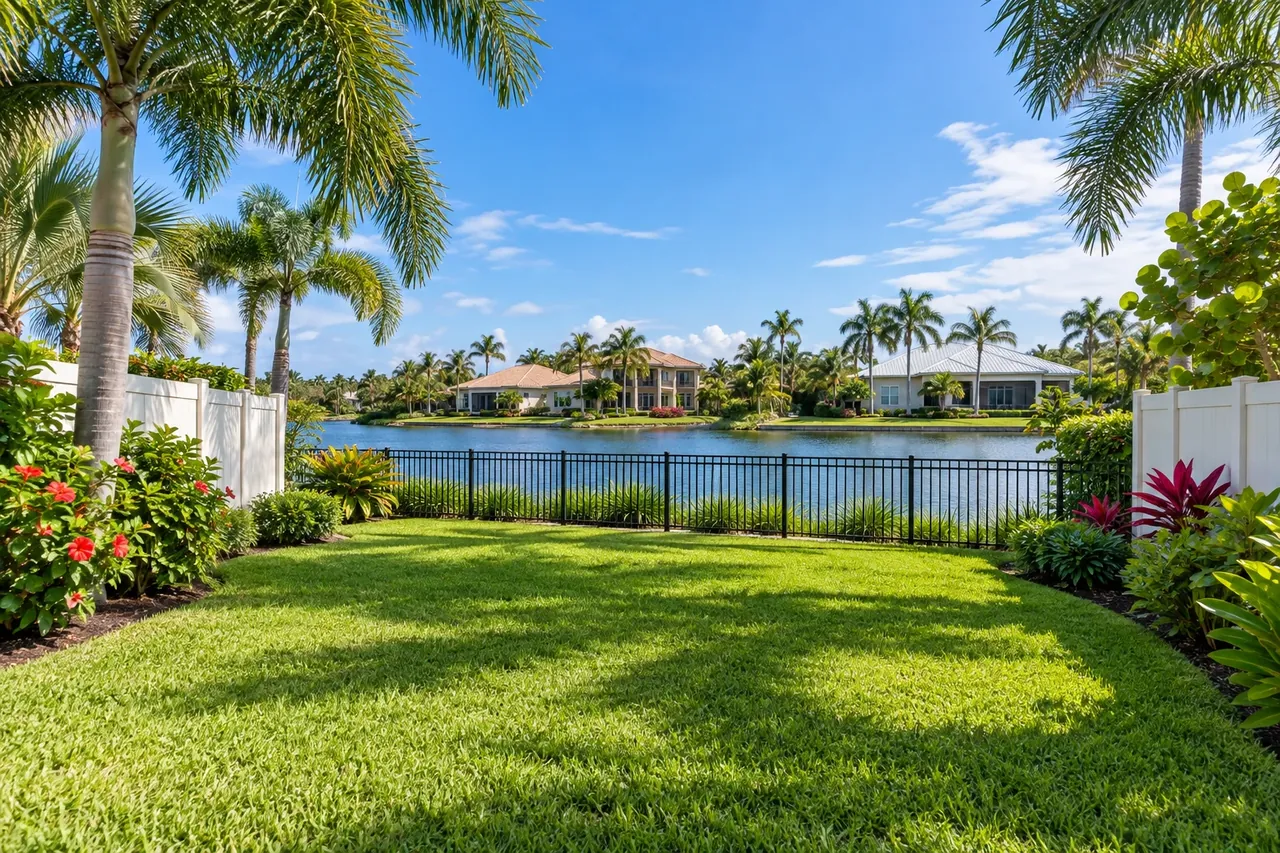 Vinyl privacy fence on the sides and aluminum fence across a lake view behind a Sarasota home