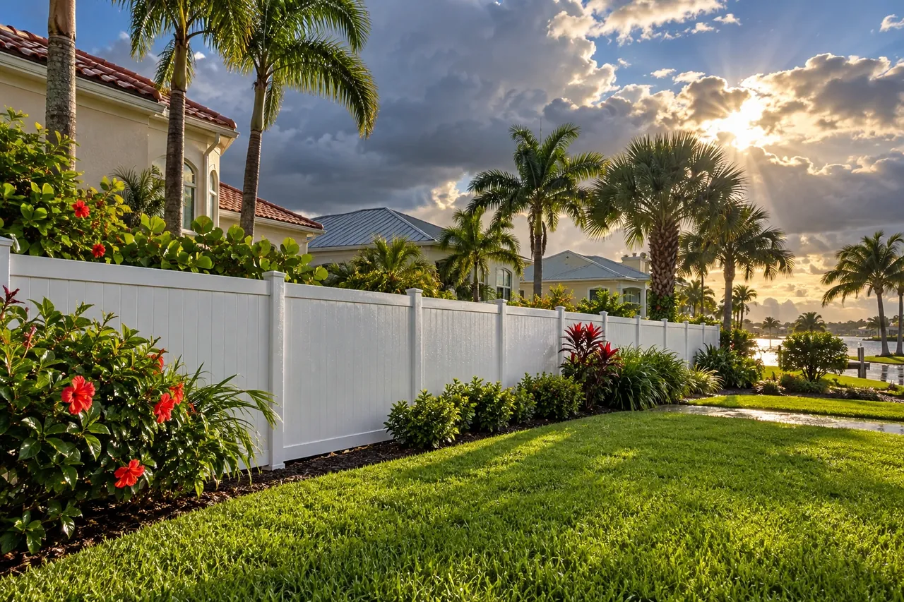 Vinyl fence standing after a storm at a Sarasota County home