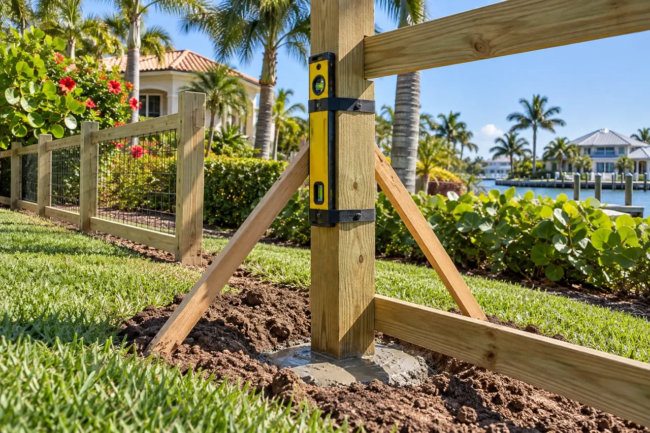 Fence post being reset in concrete during a Sarasota fence repair