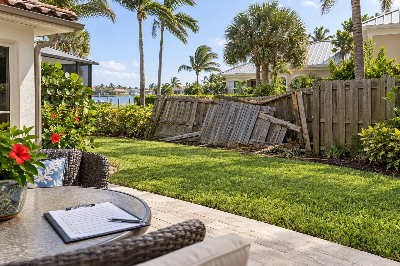 Storm-damaged fence section documented for an insurance claim