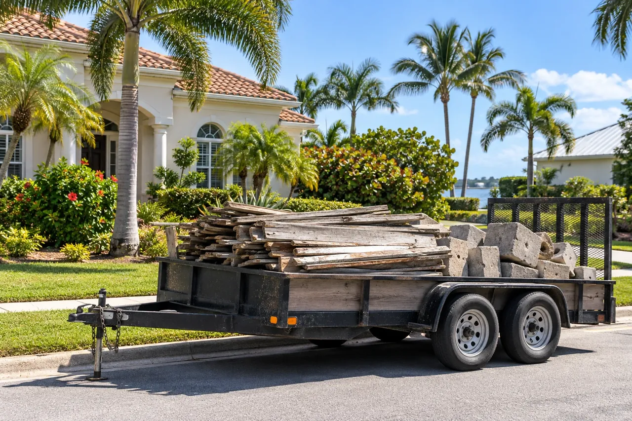 Old fence boards and footings loaded for haul-away