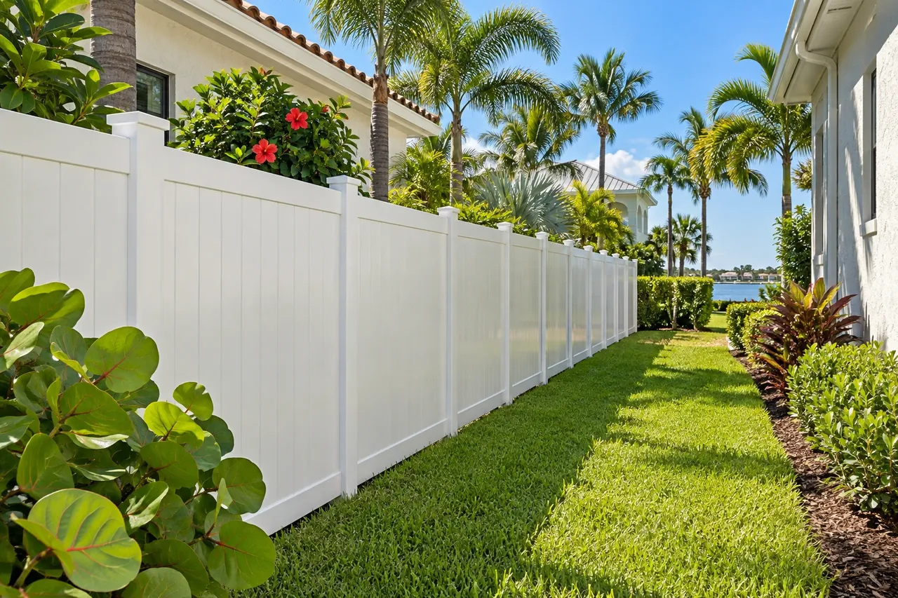 White vinyl privacy fence in a Sarasota side yard