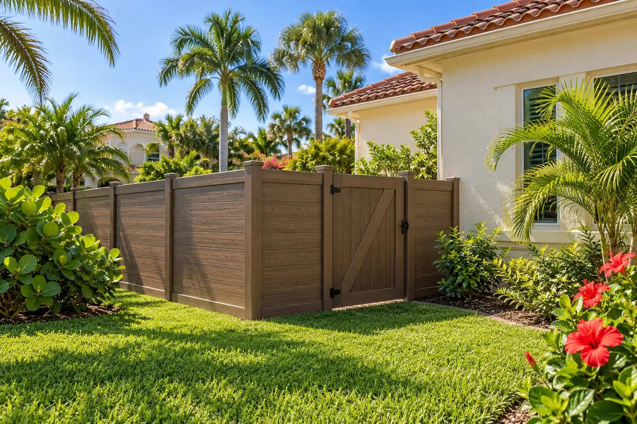 Woodgrain vinyl fence and gate at a Sarasota home