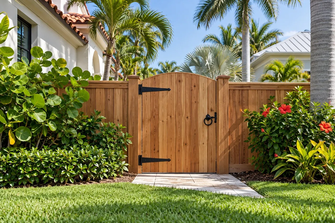 Cedar walk gate with strap hinges in a wood privacy fence