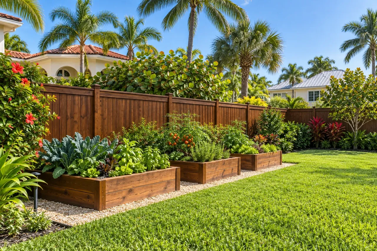 Stained wood privacy fence behind a backyard garden